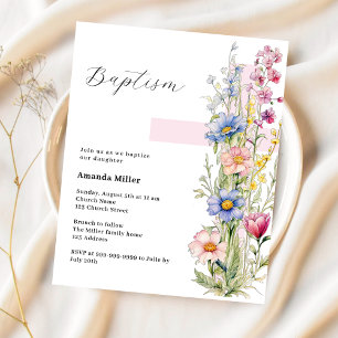 Florals pink cross girl Baptism invitation