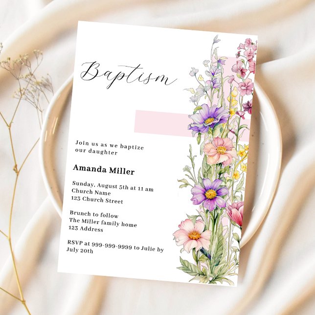 Florals pink cross girl Baptism Invitation (Creator Uploaded)