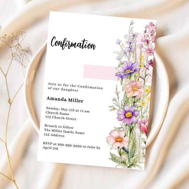 Florals pink cross girl Confirmation Invitation (Creator Uploaded)