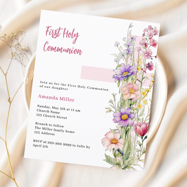 Florals pink cross girl First Communion invitation (Creator Uploaded)