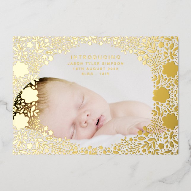 Florals Pressed Gold Foil Baby Birth Announcement (Front)