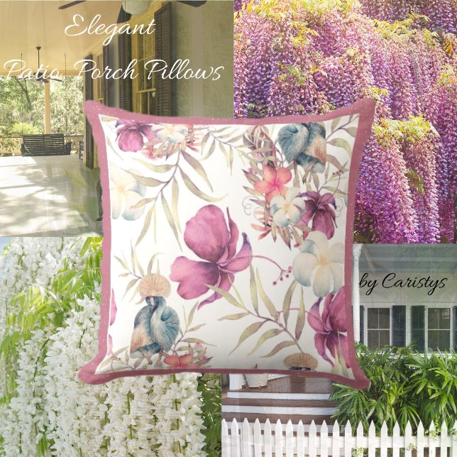 Florals Raspberry, Slate Blue with Greenery Throw Pillow (Creator Uploaded)