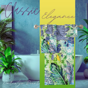 Florals Slate Blue, Green White, Feathers Bath Towel Set