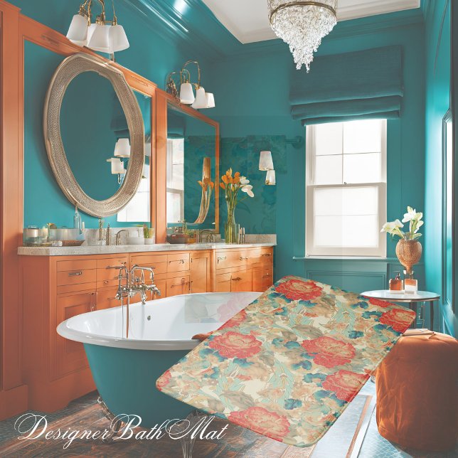 Florals Teal, Peach, Teal with Ornates  Bath Mat (Creator Uploaded)