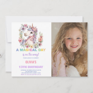 Florals Unicorn Anniversaire Invitations avec phot