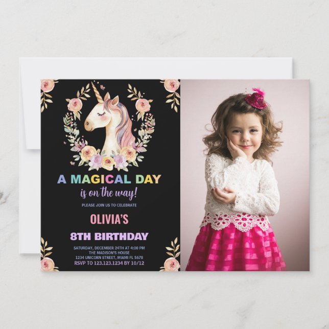 Florals Unicorn Anniversaire Invitations avec phot (Devant)