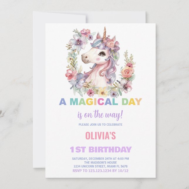 Florals Unicorn Birthday Invitations (Front)