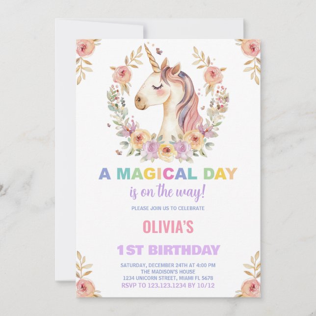 Florals Unicorn Invitations d'anniversaire (Devant)