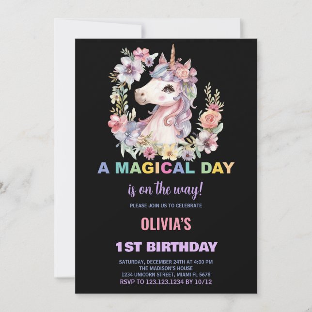 Florals Unicorn Invitations d'anniversaire (Devant)