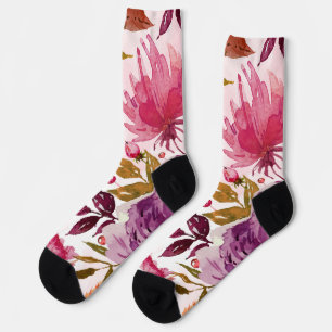 Florals Watercolor Red, Pink, Mauve    Socks