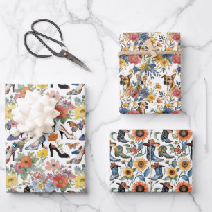 Florals With Heels Boots and Dogs Wrapping Paper Sheet