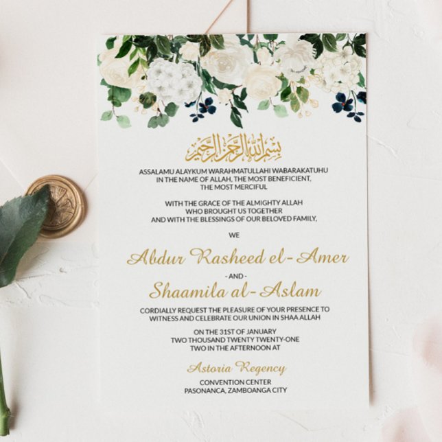 Flore blanche Faire-part de mariage musulmane (Créateur téléchargé)