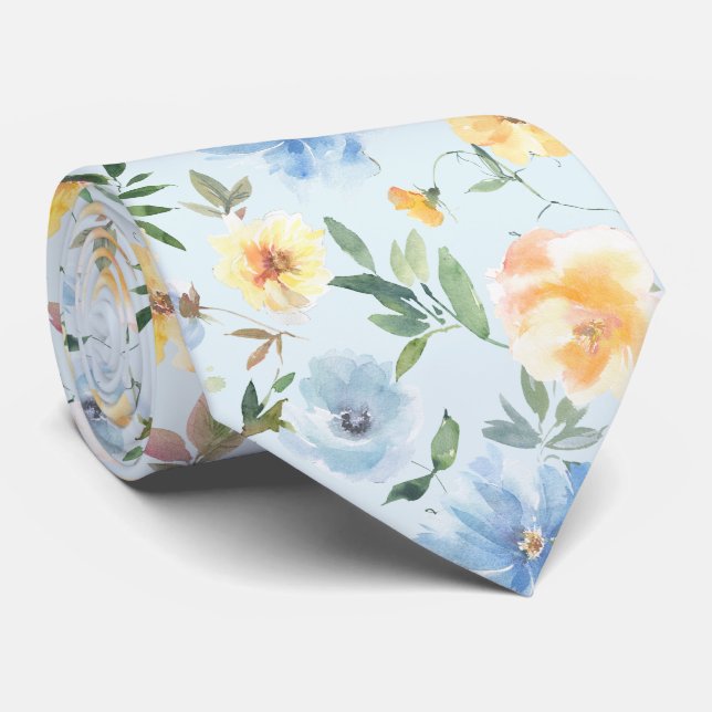 Flore Bleu et Fleurs Jaunes Cravate Necktie (Roulé)