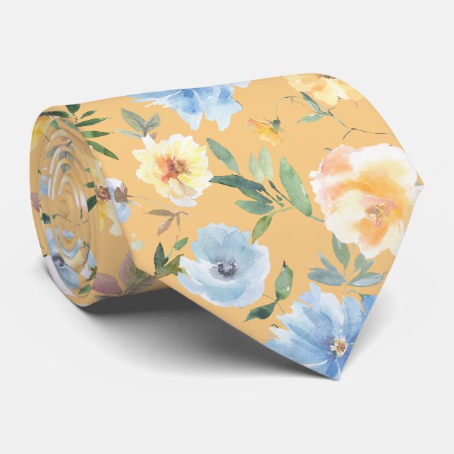 Flore Bleu et Fleurs Jaunes Cravate Necktie (Roulé)