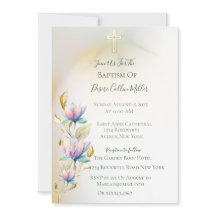 Flore Blush & Lilac, Invitation Baptême Croix Or
