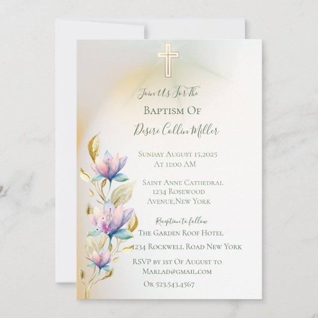 Flore Blush & Lilac, Invitation Baptême Croix Or (Devant)