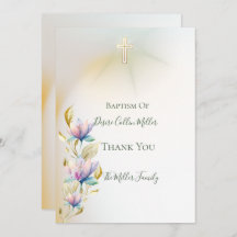 Flore Blush & Lilac, Invitation Baptême Croix Or