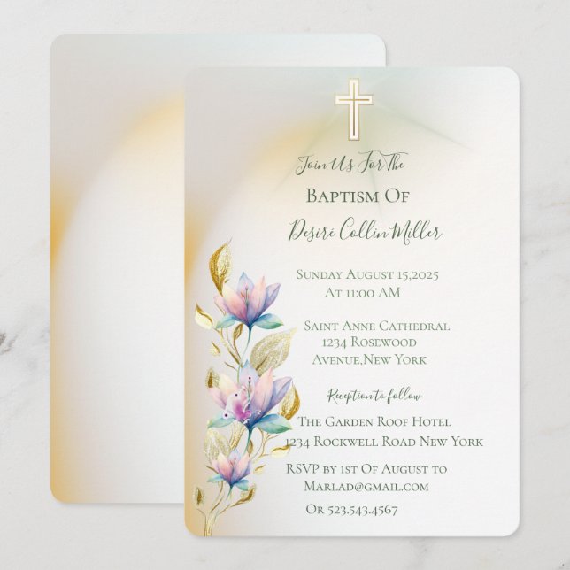 Flore Blush & Lilac, Invitation Baptême Croix Or (Devant / Derrière)
