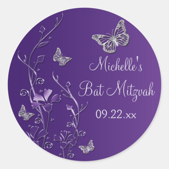 Flore d'argent violet avec papillons Sticker 1,5" (Devant)