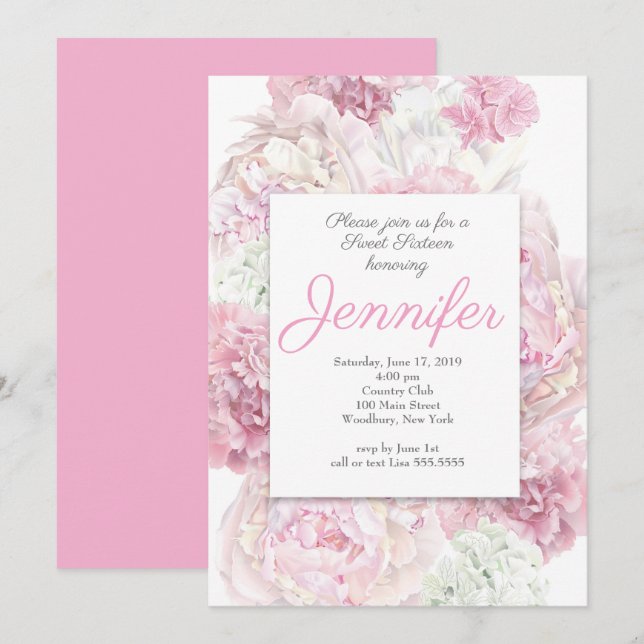Flore rose pâle 16 Invitation (Devant / Derrière)