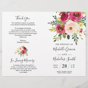Flore rose pâle, Carte de programme de mariage pli