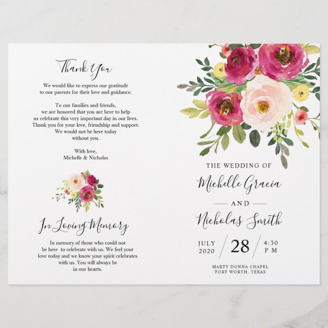 Flore rose pâle, Carte de programme de mariage pli (Devant)