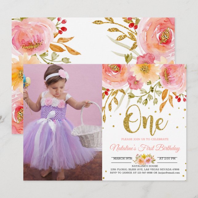 Flore rose vif 1e anniversaire invitation photo (Devant / Derrière)