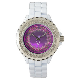 FLORENTINE PINK FLORAL CROWN PURPLE GEM MONOGRAM WATCH