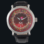 FLORENTINE RED GREEN FLORAL CROWN RUBY MONOGRAM WATCH<br><div class="desc">Elegant , classic fruits, vibrant Renaissance fine art , masterpiece from Bottega della Robbia ( Florence - Italy ) .Classy round /circle shape photo template  in yellow, black, purple, pink, fuchsia, violet colours with bright 3D  gem stones easily customizable with your photo. Artistic and cool design</div>