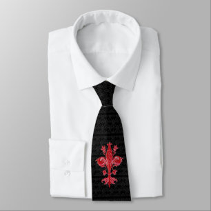 FLORENTINE RED LILY,FLEUR DE LIS, BLACK DAMASK TIE