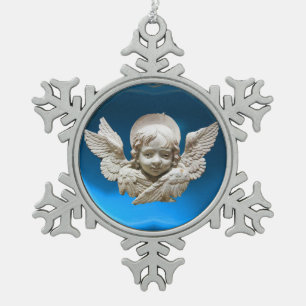 FLORENTINE RENAISSANCE ANGEL, Blue Sapphire Snowflake Pewter Christmas Ornament