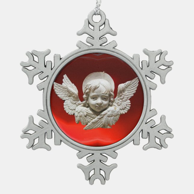 FLORENTINE RENAISSANCE ANGEL, Red Ruby Snowflake Pewter Christmas Ornament (Front)