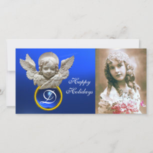 FLORENTINE RENAISSANCE ANGEL Sapphire Gem Monogram Holiday Card