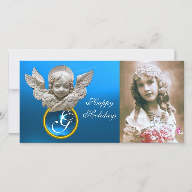 FLORENTINE RENAISSANCE ANGEL Sapphire Gem Monogram Holiday Card (Front)