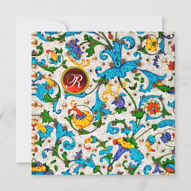 FLORENTINE RENAISSANCE BLUE FLORAL SWIRLS,FLOWERS HOLIDAY CARD (Front)