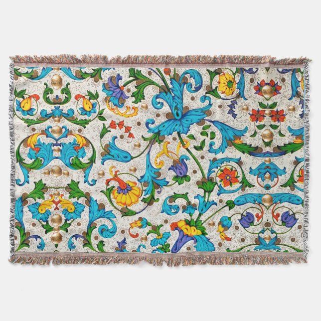 FLORENTINE RENAISSANCE BLUE FLORAL SWIRLS,FLOWERS THROW BLANKET (Front)