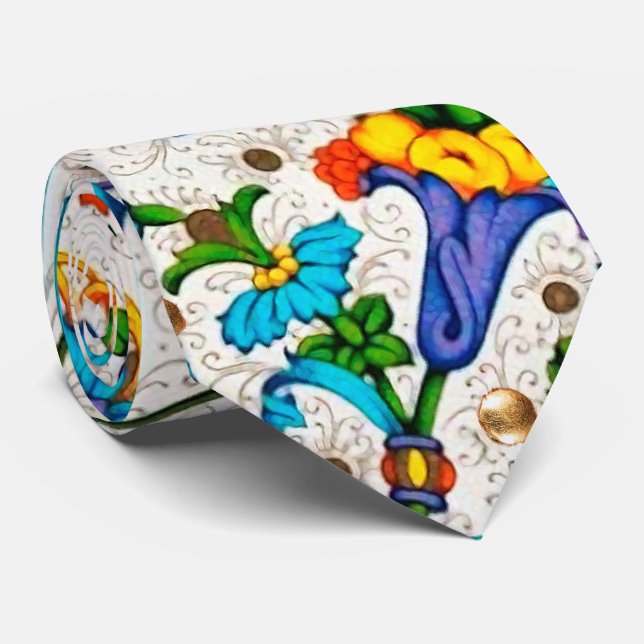 FLORENTINE RENAISSANCE BLUE FLORAL SWIRLS,FLOWERS TIE (Rolled)