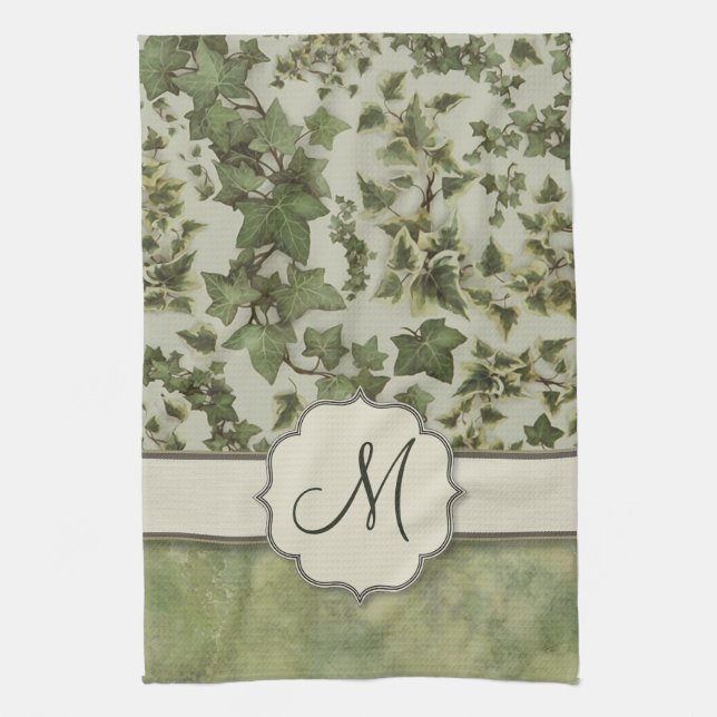 Florentine Watercolor Ivy with Monogram Kitchen Towel (Vertical)