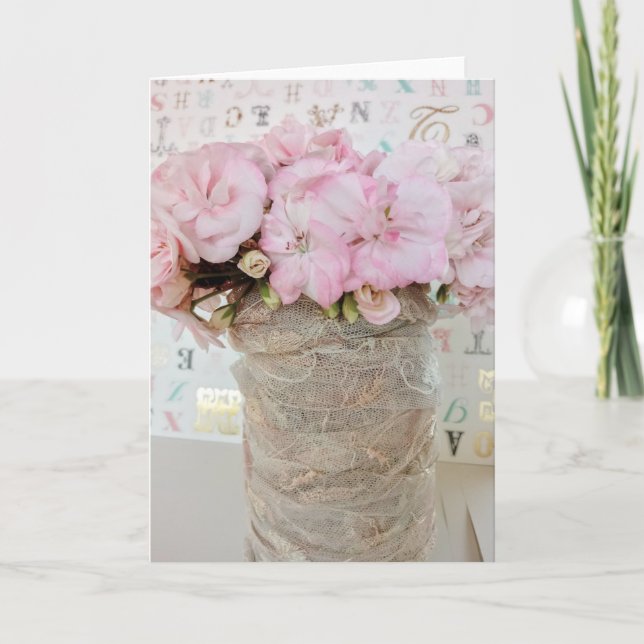 Flores geranio rosa en bote de crystal con encaje card (Front)