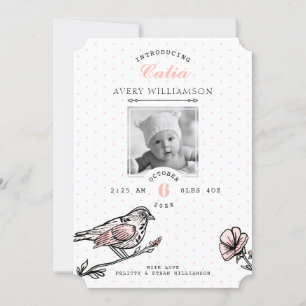 Flores vintages d'oiseaux Faire-part de naissance 