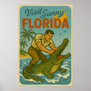 Florida Alligator Wrestling Funny Retro Coastal Poster