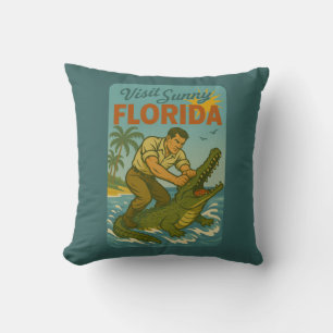 Florida Alligator Wrestling   Funny Retro Coastal Throw Pillow