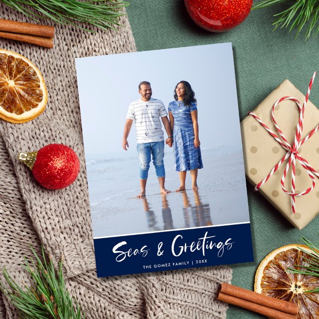 Florida Beach Blue Stripe Family Photo Christmas Holiday Card (Florida Beach Blue Stripe Family Photo Christmas Holiday Card)