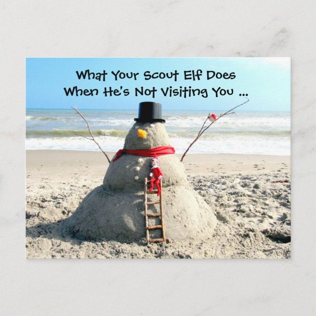 Florida Beach Snowman and Elf Christmas PostCard (Front)