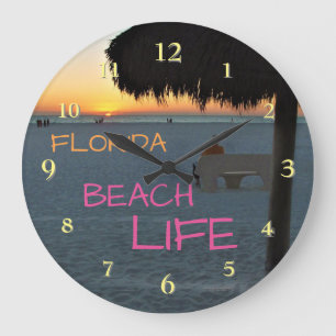 Florida Beach Sunset with Man Sitting on Bench Large Clock
