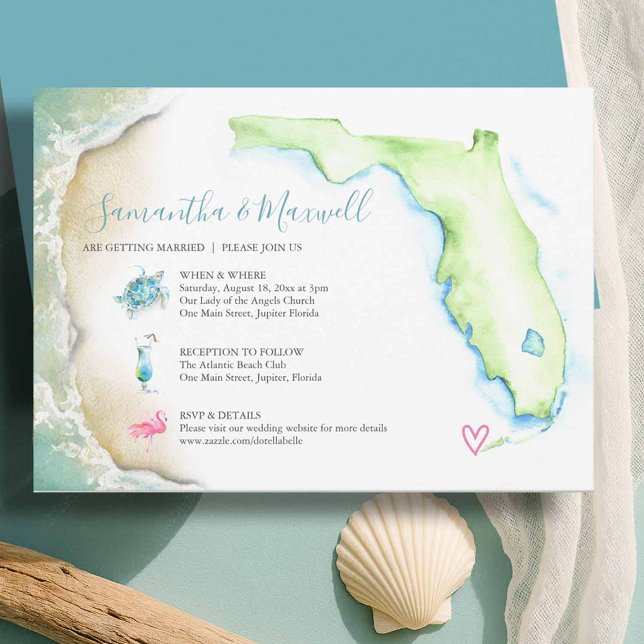 Florida Beach Watercolor Wedding Invitations (Florida invitations for Weddings on the beach designed with a watercolor map and shoreline)