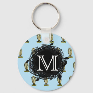 Florida Burrowing Owl Blue Monogram Nest Pattern Keychain