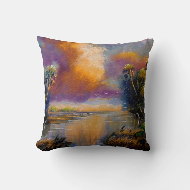Florida Cabbage Palms Egrets Throw Pillow (Front)