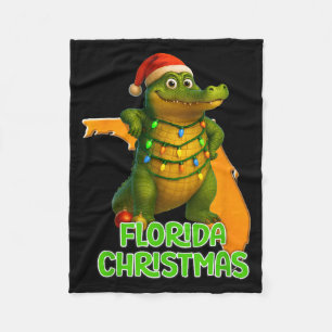 Florida Christmas Alligator Wearing Santa Hat Vaca Fleece Blanket