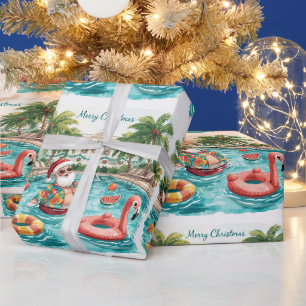Florida Christmas Tropical Santa in the Pool Party Wrapping Paper